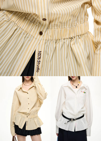 New Yellow Embroidered Striped Elastic Waist Shirt Lantern Sleeve
