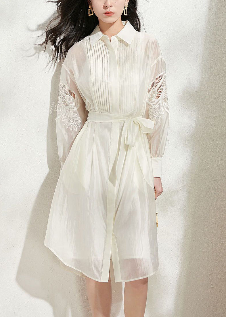 Loose Beige Hollow Out Tie Waist Shirts Dress and Spaghetti Strap Dress Silk Two Piece Set Fall