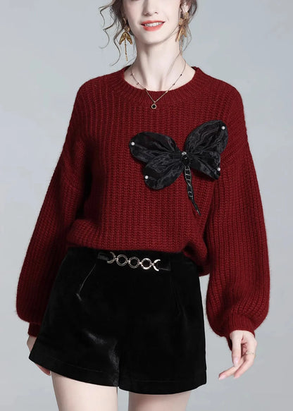 Loose Red O Neck Bow Wool Knit Sweaters Winter