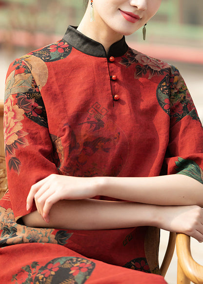 Red Stand Collar Print Pockets Silk Dresses Summer