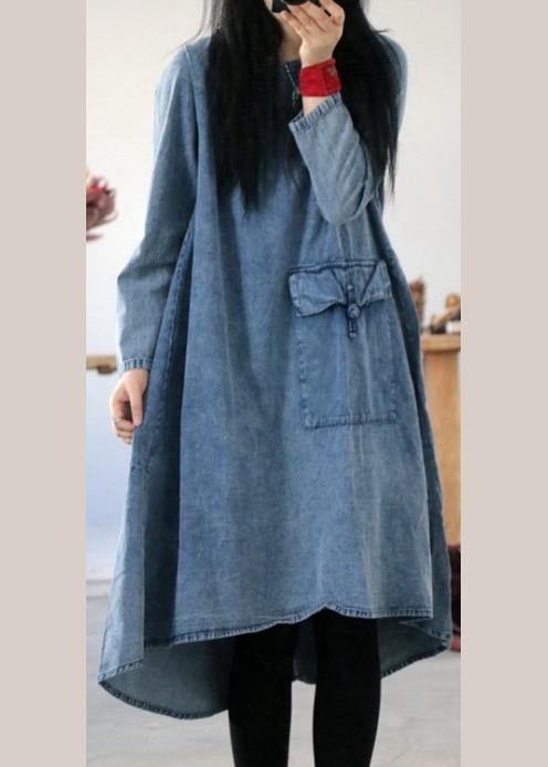 Denim Blue U Neck Dress Large Hem Spring Mid Dress