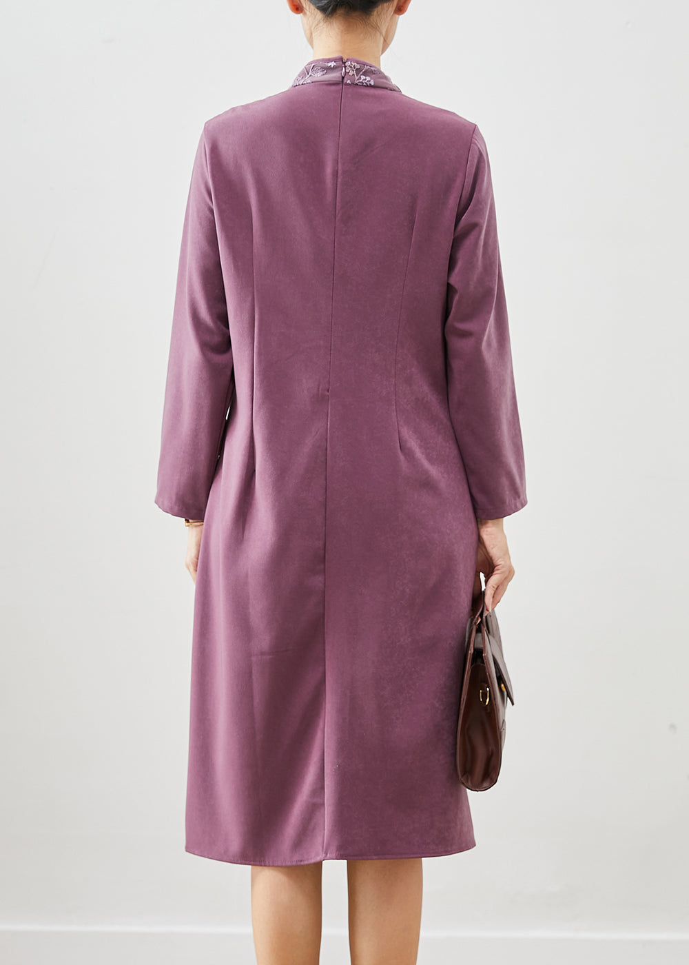 Purple Embroideried Patchwork Silk Fake Two Piece Dress Fall