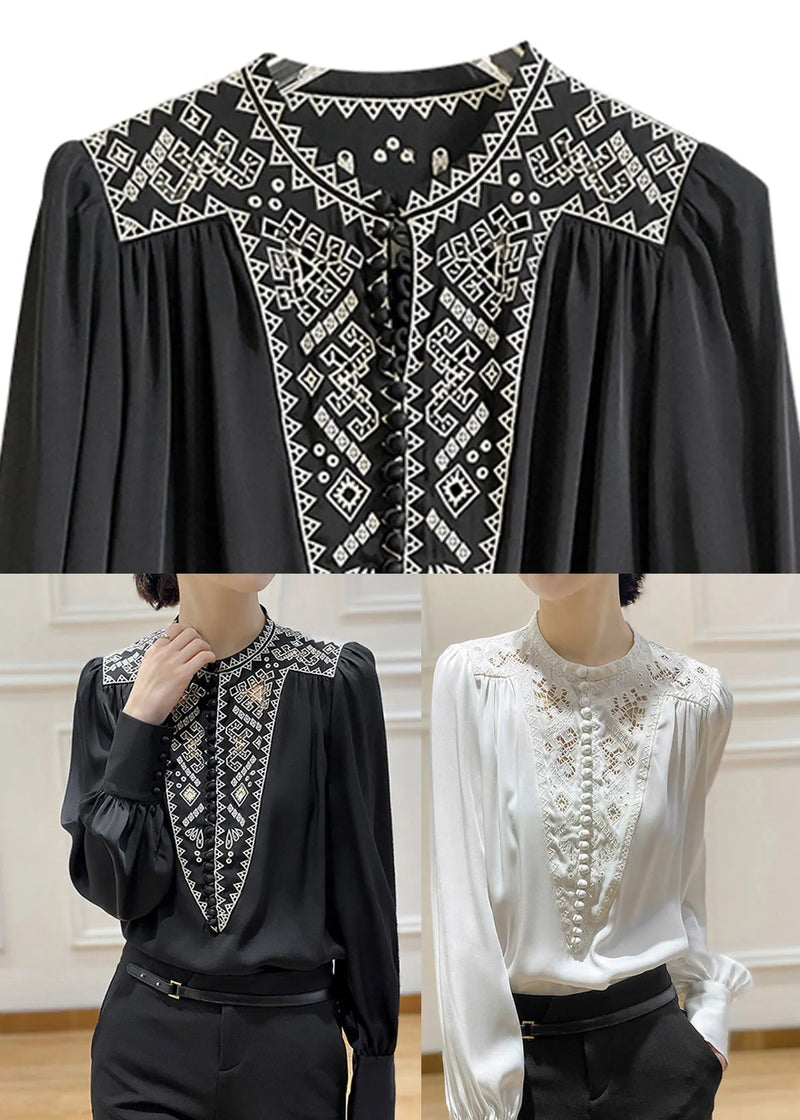 White O-neck Embroideried Silk Shirt Long Sleeve
