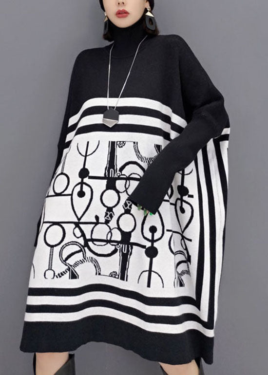 Diy White Turtle Neck Print Knit Long Dresses Spring