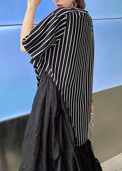 Stylish Black Striped Summer Asymmetrical Design Short Sleeve Tops
