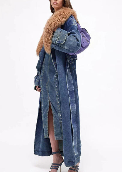 Denim Blue Fur Collar Patchwork Tie Waist Long Trench Coats Winter