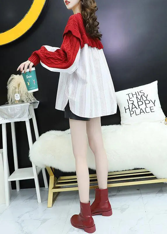 Red O-neck Ruffles Patchwork Knit Silk Tops Spring
