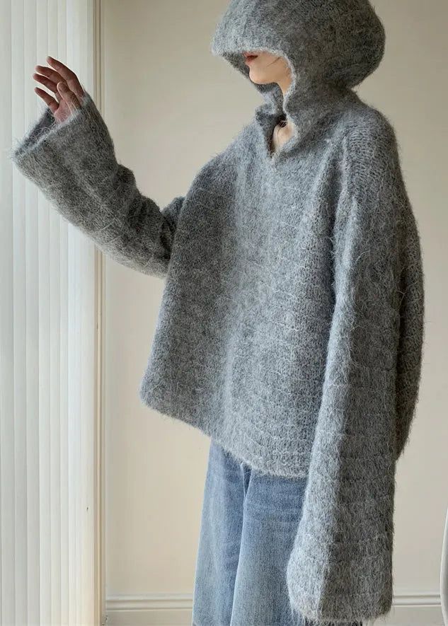 Grey Hooded Cotton Knit Sweaters Winter