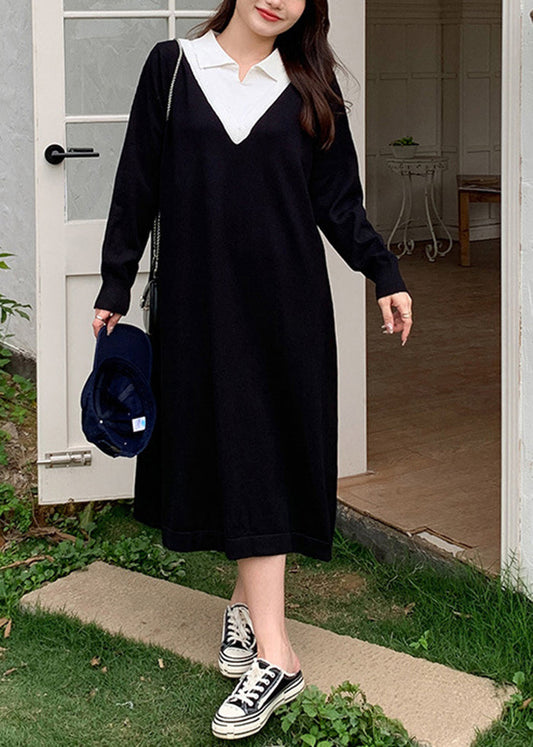 Diy Black Peter Pan Collar Patchwork Cotton Fake Two Piece Dress Fall