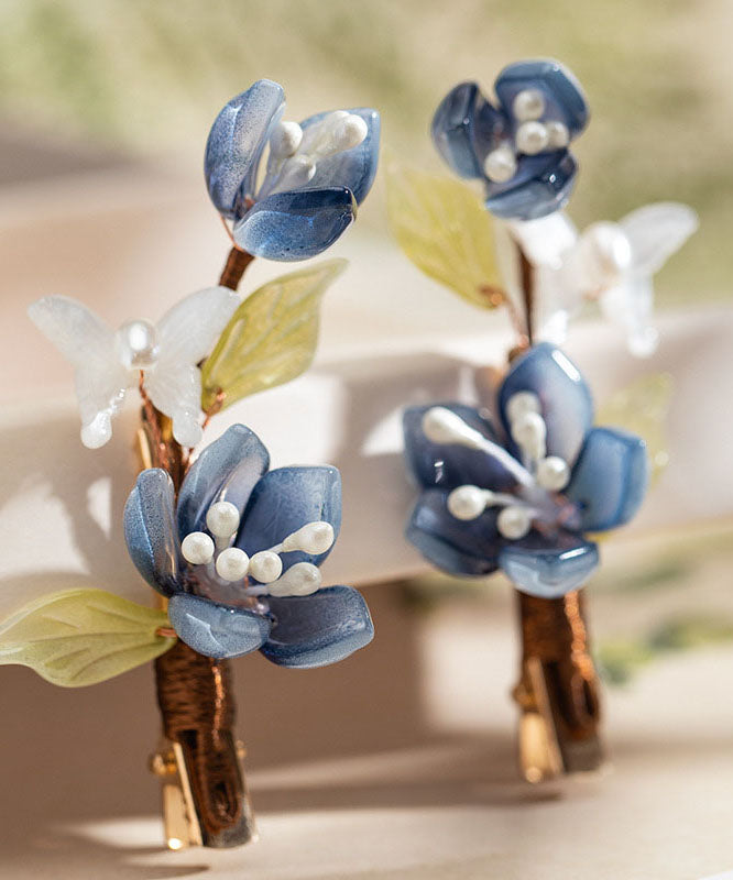 Chinese Style Blue Copper Overgild Pearl Colored Glaze Lotus a Pair Hairpin