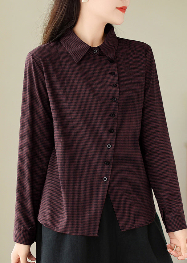 Dull Red Peter Pan Collar Plaid Button Cotton Shirt Spring