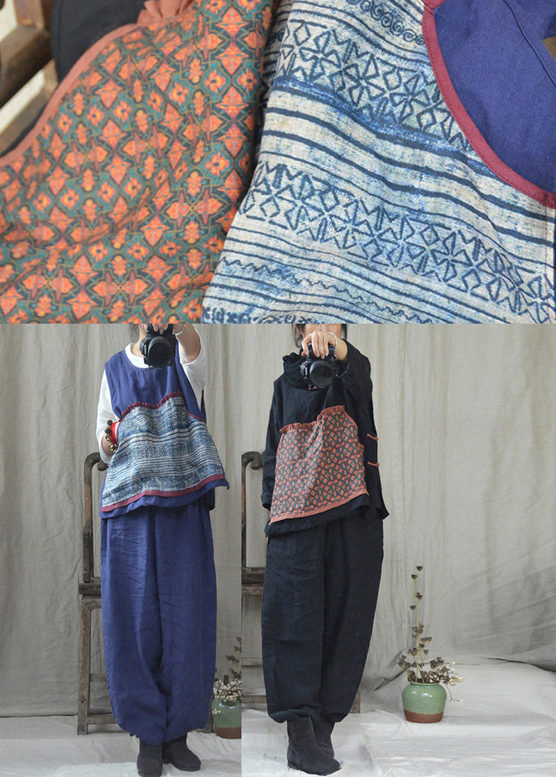 Black O-neck Print Linen Waistcoat and Pants Two Pieces Set Fall