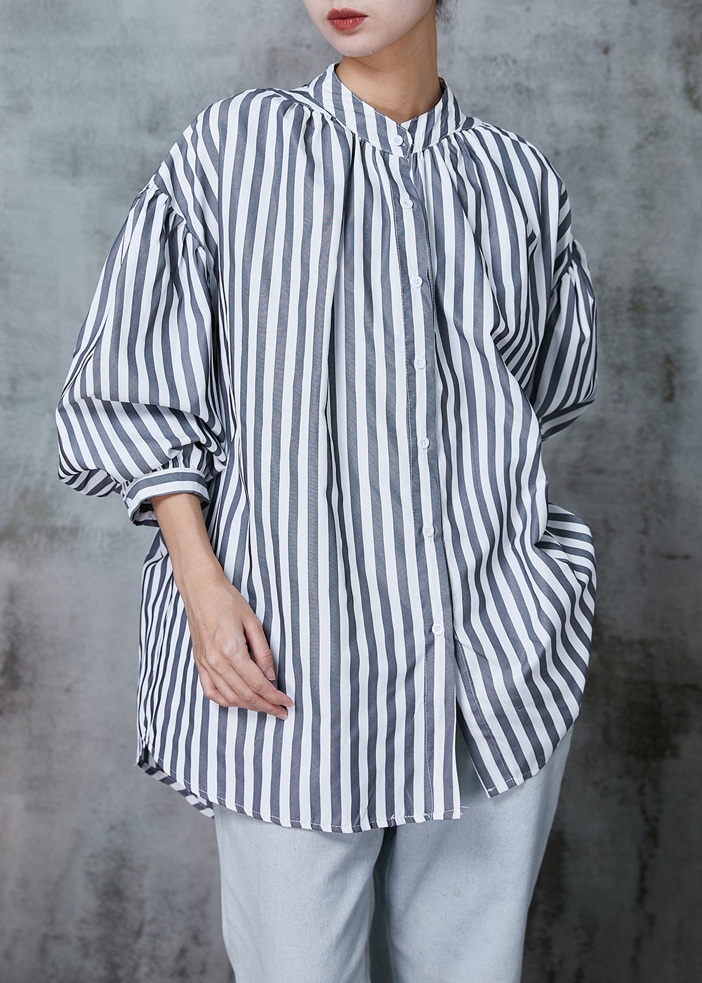 Grey Oversized Striped Cotton Shirt Spring