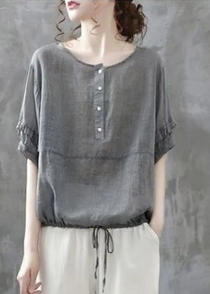 Grey O-neck Button Drawstring Patchwork Linen Shirt Tops Short Sleeve
