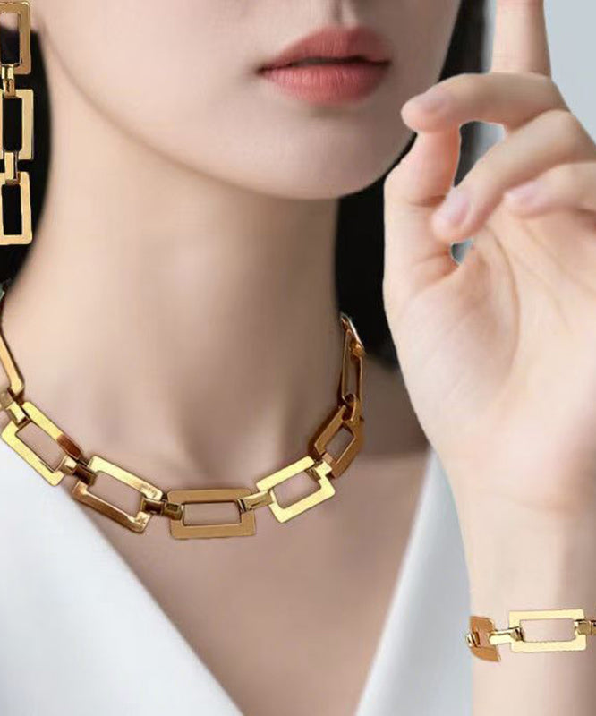 Gold Copper Alloy Chain Drop Earrings, Bracelet and Lariat Necklace Three-piece Set