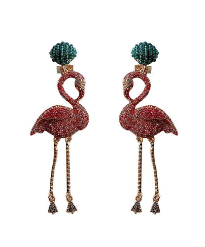 Pink Flamingo Zircon Tassel Silver Drop Earrings
