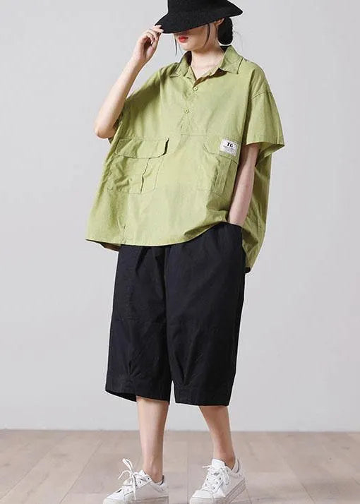 Green Pockets Cotton Blouse Tops Short Sleeve