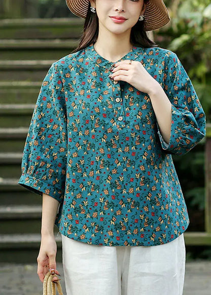 Blue Print Linen Loose Shirts for O-neck Button Bracelet Sleeve