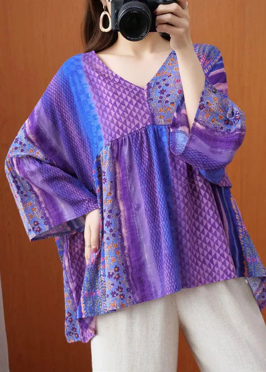 Organic Purple Flare Sleeve V Neck Patchwork Print Fall Top