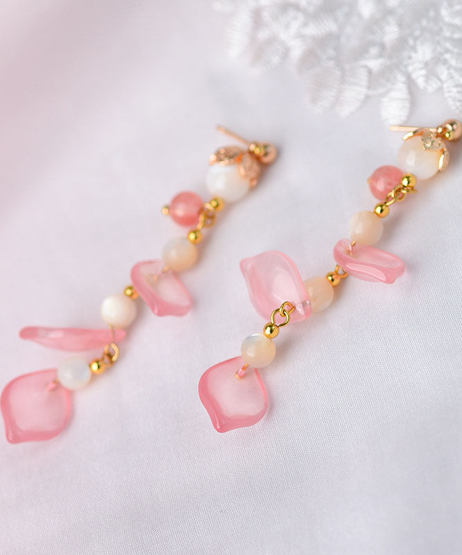 Pink Petal Crystal 14k Gold Drop Earrings