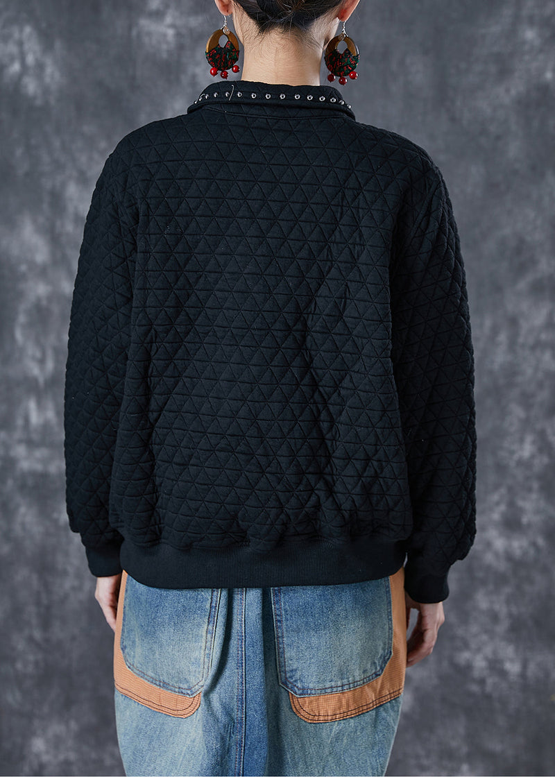 Black Letter Embroideried Rivet Cotton Pullover Sweatshirt Fall