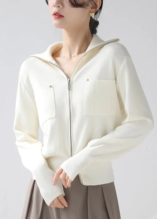 Beige Cozy Patchwork Knit Short Coat Zip Up Pockets Winter