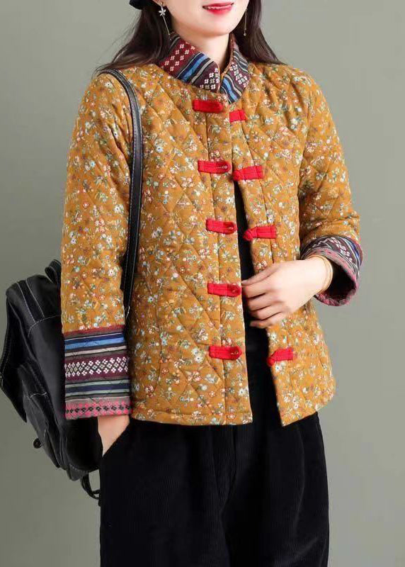 Yellow Stand Collar Print Fine Cotton Filled Puffers Jackets Winter