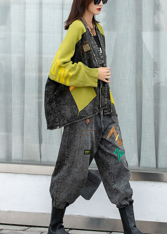 Street Denim Bat Wing Sleeve Patchwork Knit Button Fall Coat