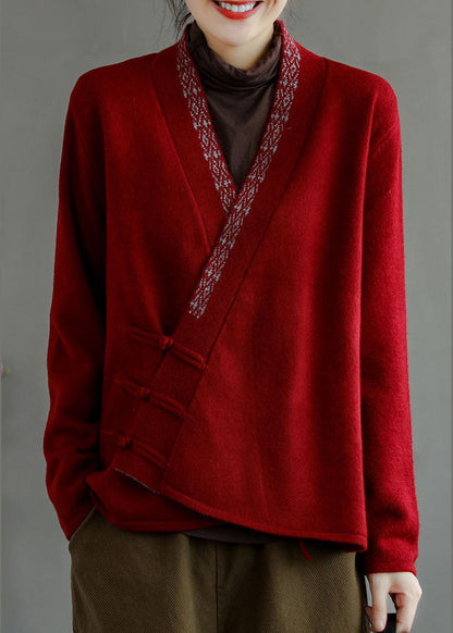 Blue Button V Neck Embroideried Woolen Coats Long Sleeve