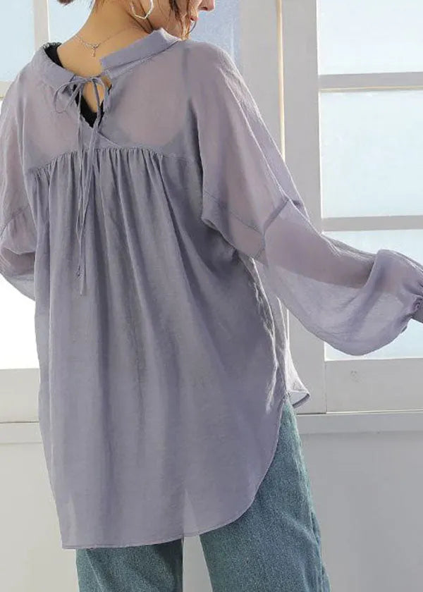 Diy Purple Peter Pan Collar Patchwork Cotton Shirt Top Long Sleeve