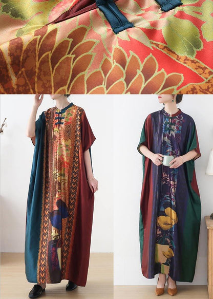 Handmade Red Purple Green Print Chiffon Dress Loose Summer Dress