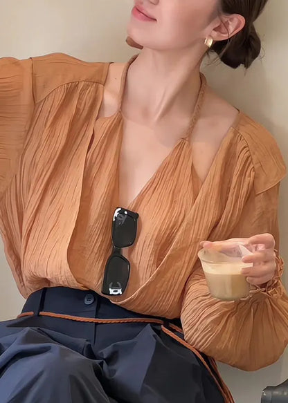 Unique Caramel False Two Pieces Patchwork Cotton Tops Spring