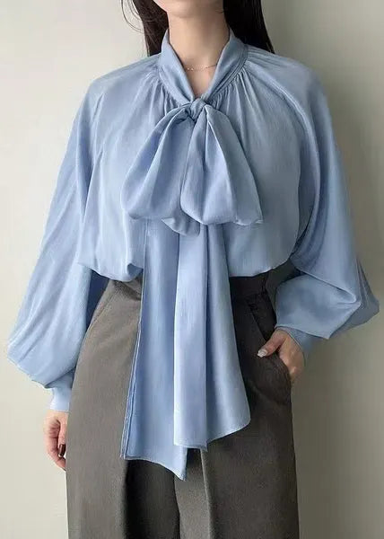 Blue Bow Oversized Silk Tops Lantern Sleeve Fall