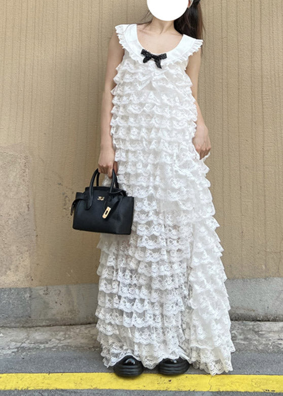 White O-neck Bow Lace Layered Long Dress Spring