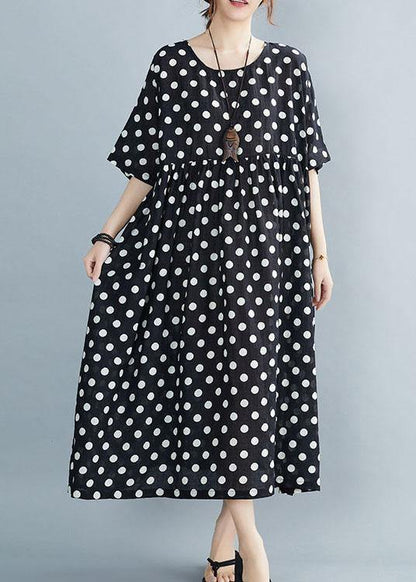 Black O-neck Dot Summer Maxi Dresses Half Sleeve