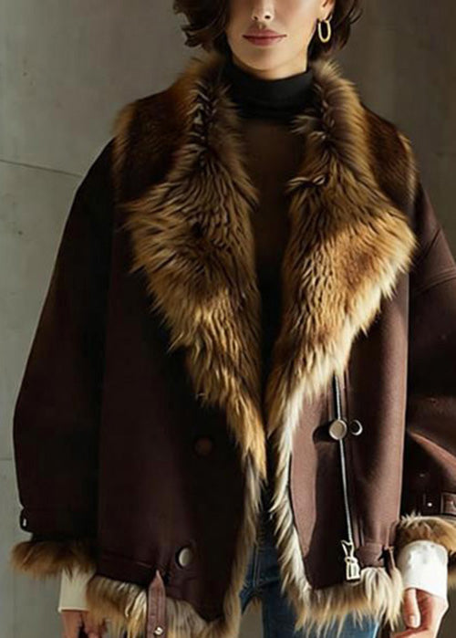 Brown Pockets Button Faux Fur Jackets Winter
