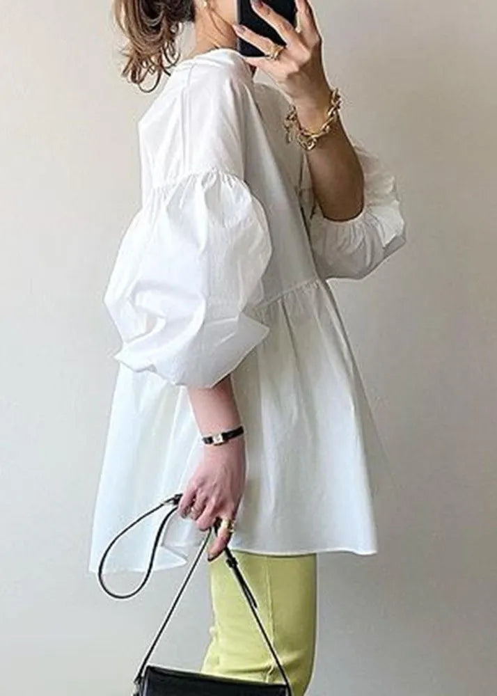 White O Neck Patchwork Cotton Shirt Tops Lantern Sleeve