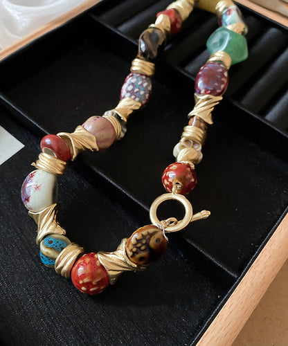 Rainbow Sterling Silver Overgild Ceramic Beads Collar Necklace