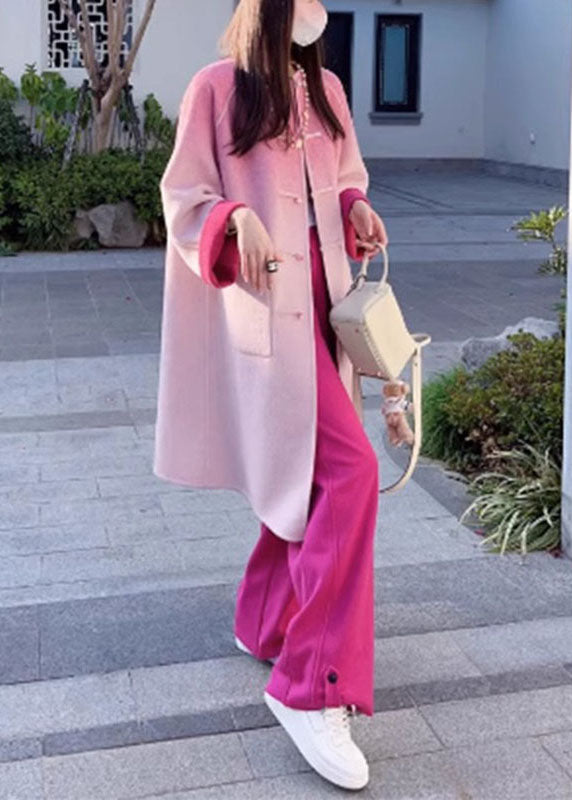 Gradient Color Rose Woolen Coats and Wide Leg Pants Two Pieces Set Fall