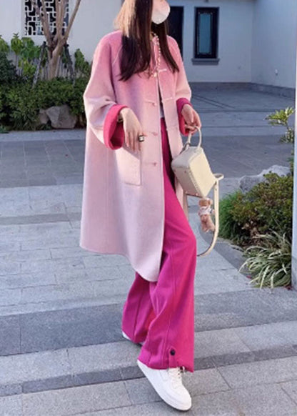 Gradient Color Rose Woolen Coats and Wide Leg Pants Two Pieces Set Fall