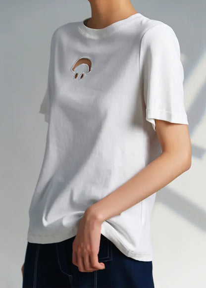 White O Neck Hollow Out Cotton T Shirts Summer