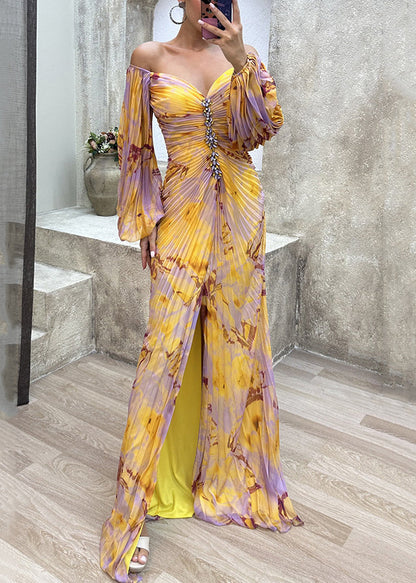 Yellow Wrinkled Side Open Ankle Dress Spring