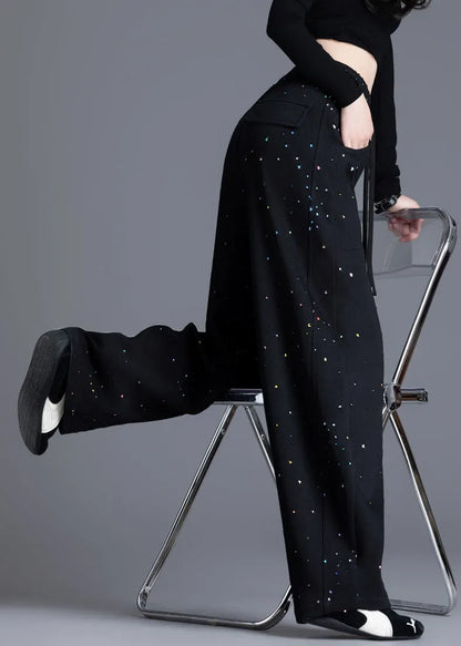 Black Pockets Print Elastic Waist Denim Pants Spring