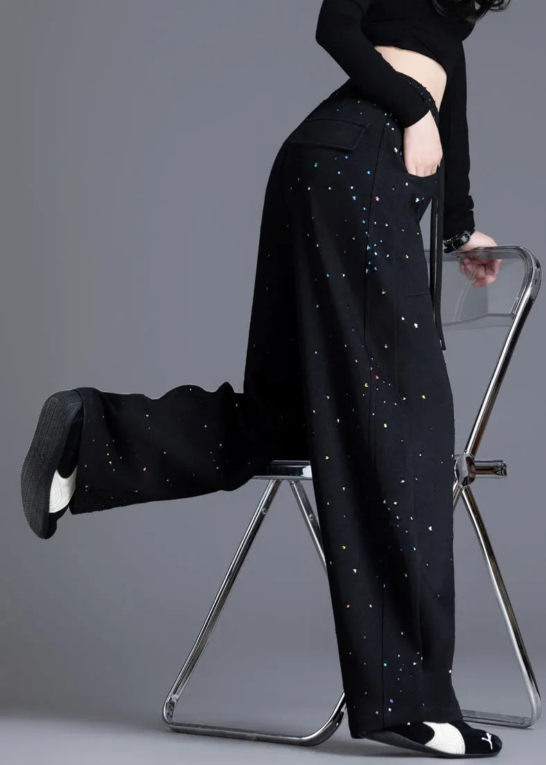 Black Pockets Print Elastic Waist Denim Pants Spring