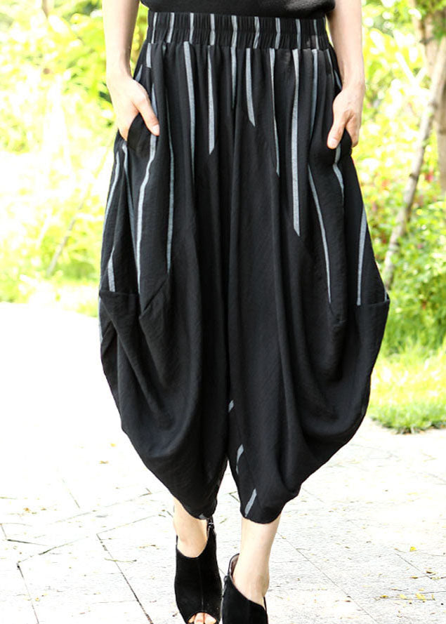 Comfy Black Striped Patchwork Asymmetrical Design Crop Spring Pants