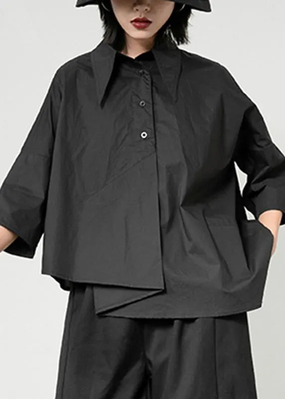 Black Peter Pan Collar Asymmetrical Patchwork Button Pockets Shirt Long Sleeve