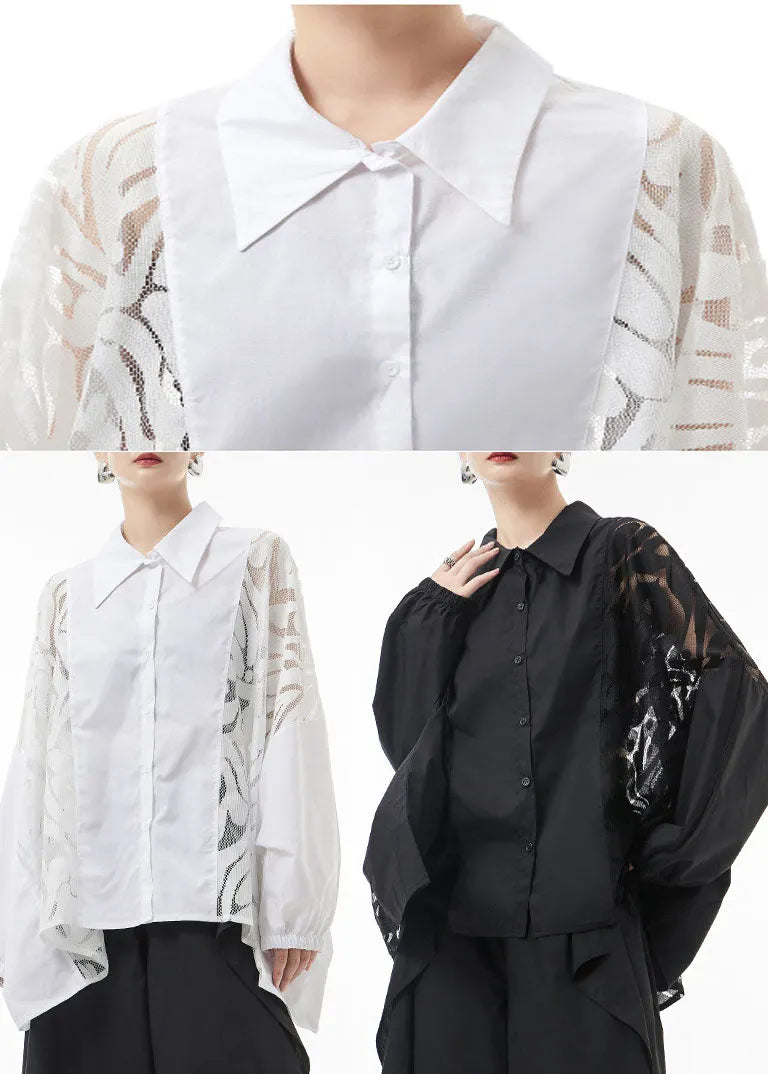 Black Peter Pan Collar Lace Patchwork Blouse Tops Spring