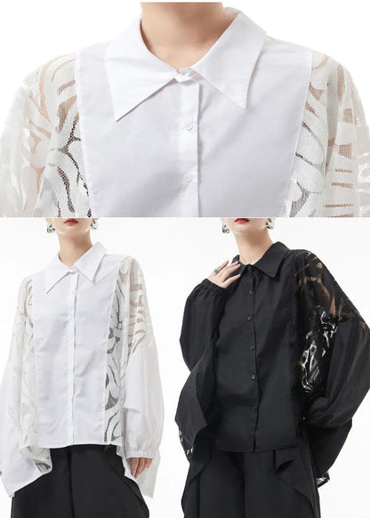 Black Peter Pan Collar Lace Patchwork Blouse Tops Spring