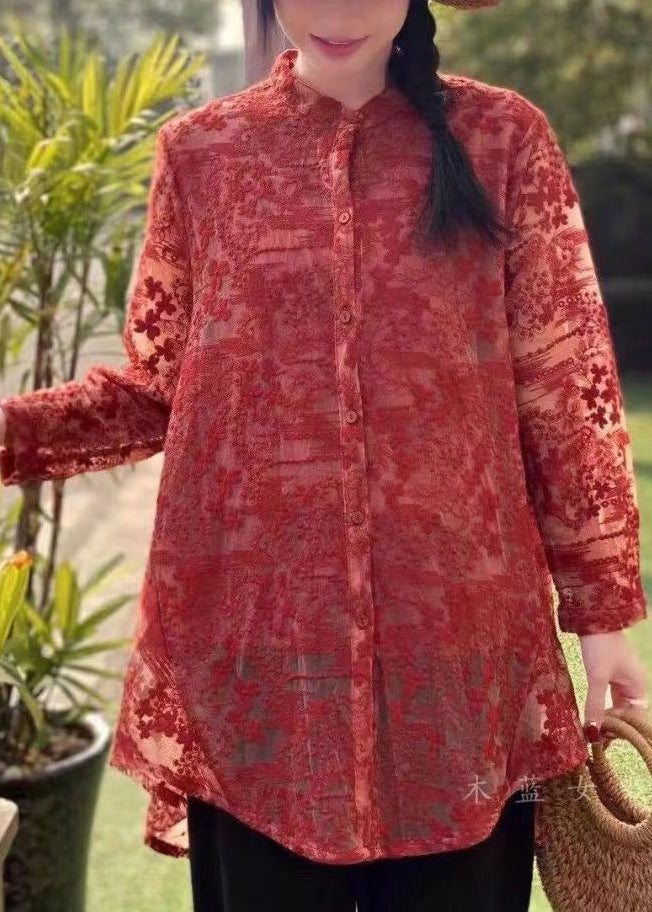 Red Embroideried Button Patchwork Lace Shirt Fall