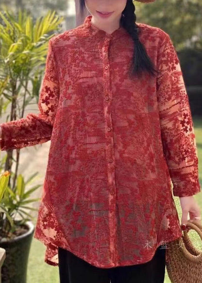 Red Embroideried Button Patchwork Lace Shirt Fall